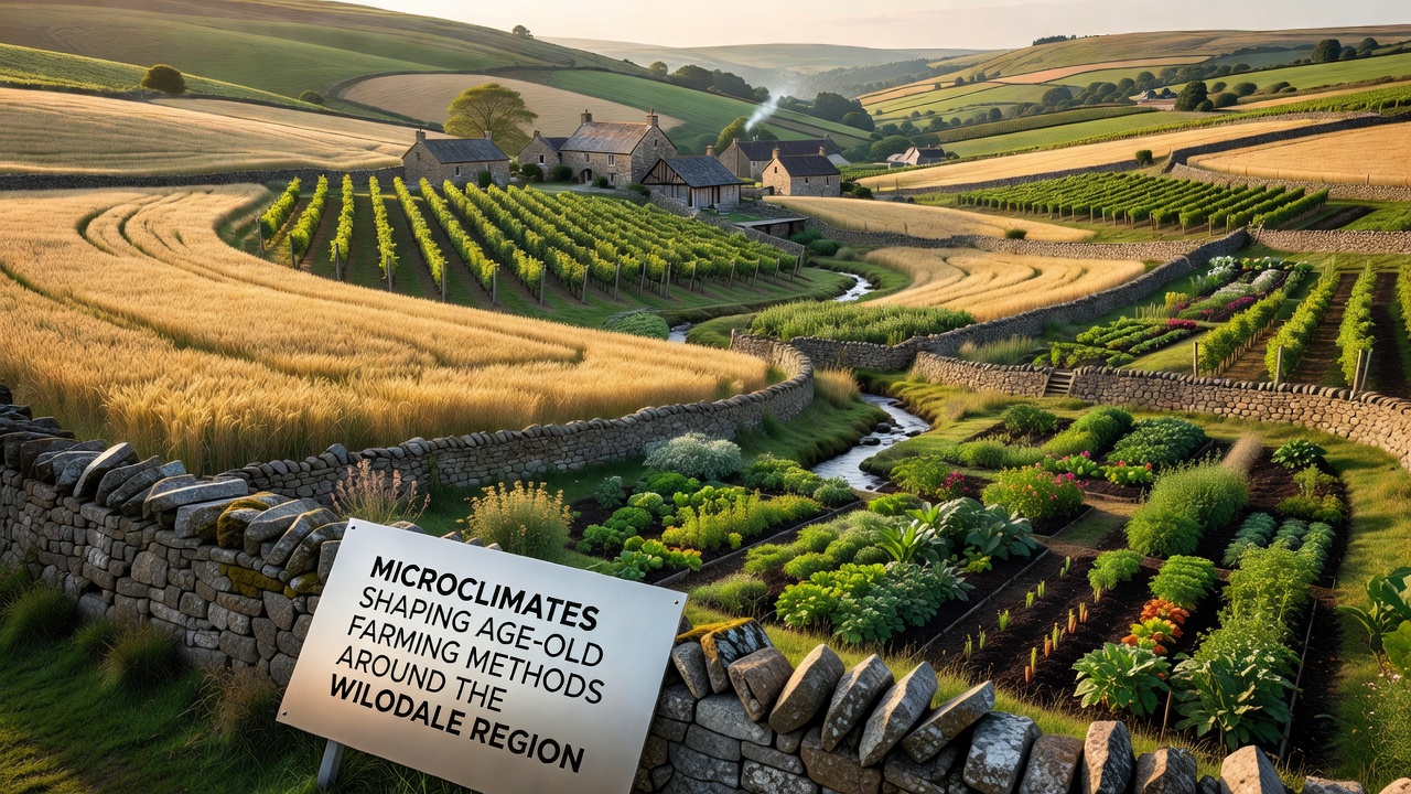 Close-up of traditional stone irrigation channels winding through Wilodale fields with different crop stages visible in adjacent plots